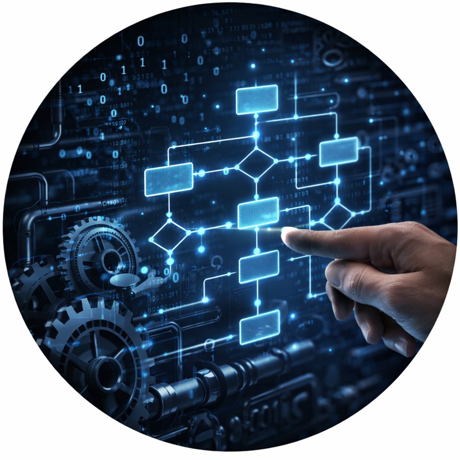 Workflow diagram over industrial gears and piping